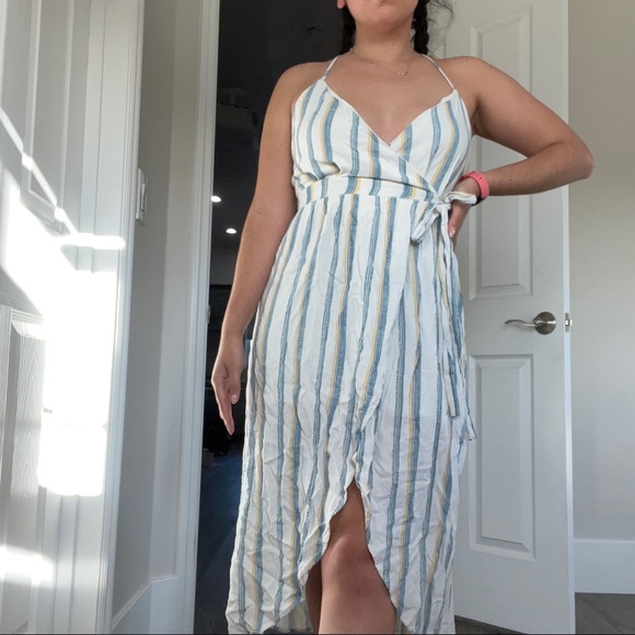 🛍 3/$10 White striped blue and yellow midi sun dress vacation dress - Picture 3 of 5
